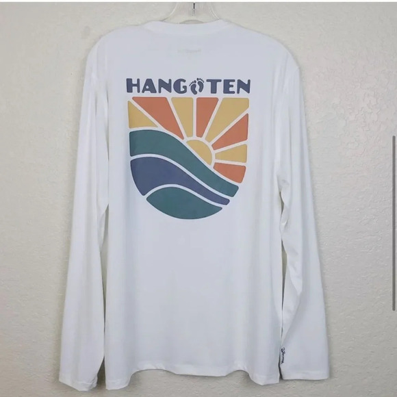 Men's Hang Ten White Crew Neck Long Sleeve UPF 50+ Quick Dry Graphic T-Shirt - Picture 6 of 7